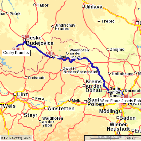 Carte du trajet prévu, de Český Krumlov à Wien