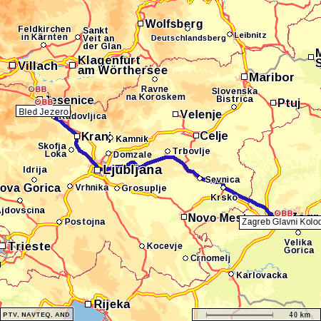 Carte du trajet de Zagreb à Bled